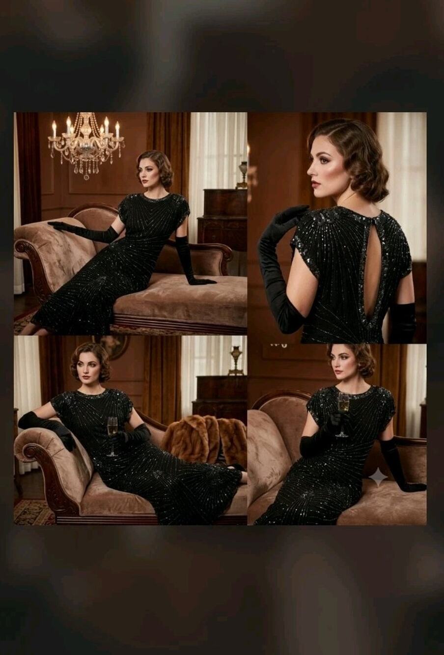 VTG Black Beaded Evening Gown Dress Art Deco Sunburst Flapper Black Tie Formal